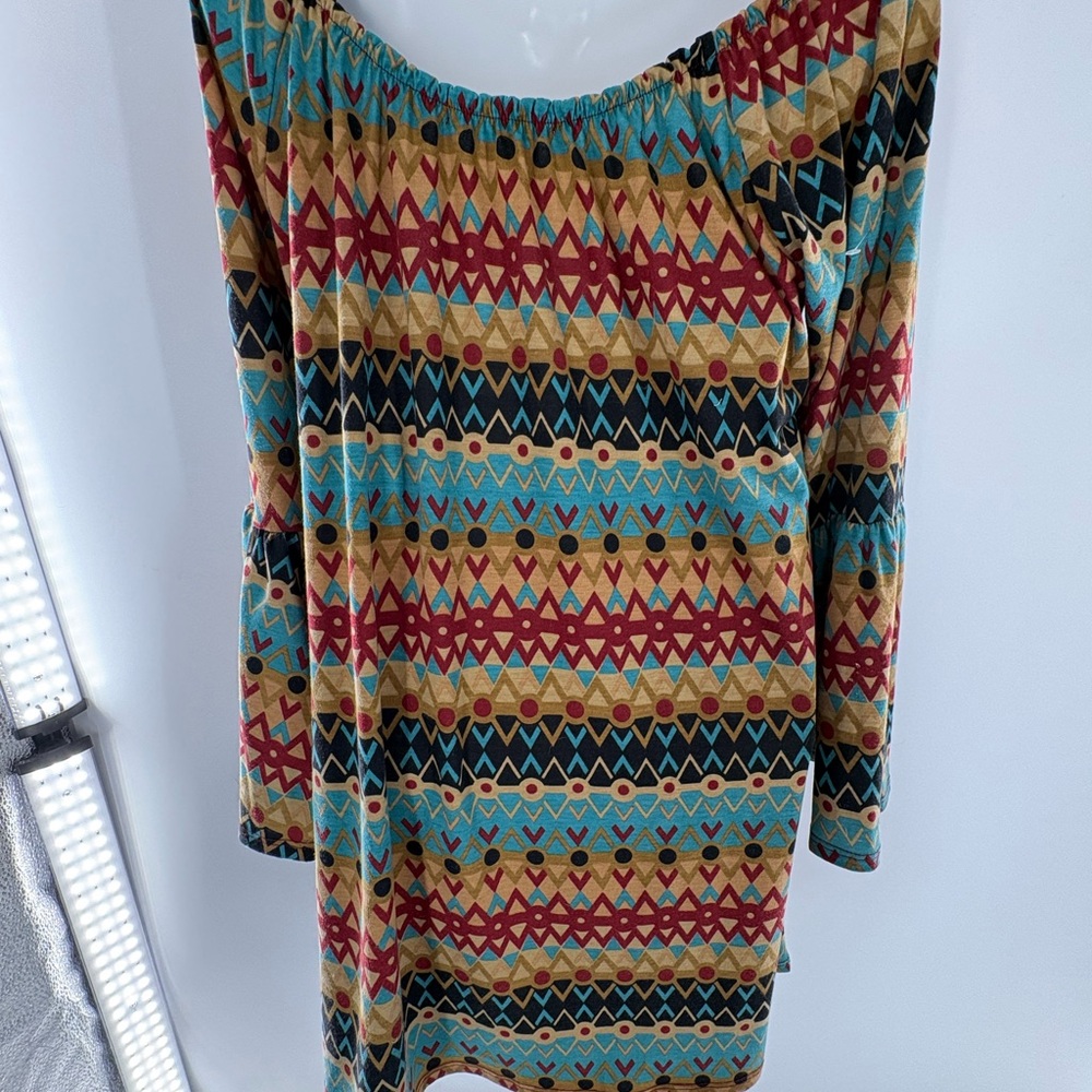 Boho Off-Shoulder Patterned Tunic Top in Turquoise & Mustard Size M - Picture 4 of 10